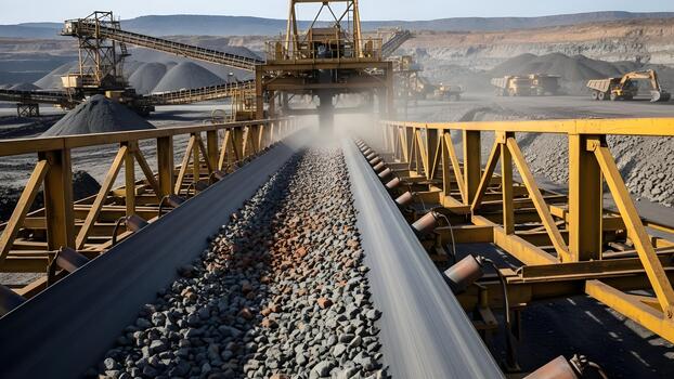 an industrial conveyor belt system actively transports raw ore and rocks at a largescale openpit mining operation photo